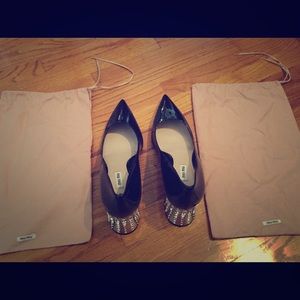 Miu Miu black patent leather silver chunky heels